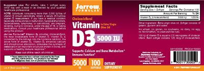 Photo of the Jarrow Formulas Vitamin D3 5000 IU label