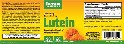 Photo of the Jarrow Formulas Lutein 20 mg label