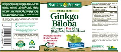 Photo of the Nature's Bounty Whole Herb Ginkgo Biloba label