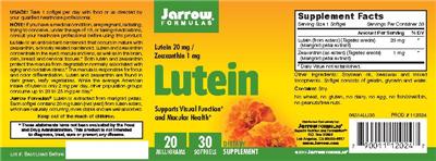 Photo of the Jarrow Formulas Lutein 20 mg label