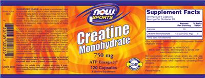 Photo of the NOW Sports Creatine Monohydrate 750 mg label