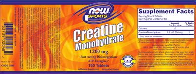 Photo of the NOW Sports Creatine Monohydrate 1200 mg label