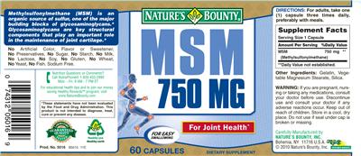 Photo of the Nature's Bounty MSM 750 MG label