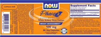 Photo of the NOW Phase 2 Starch Neutralizer White Kidney Bean Extract 500 mg label