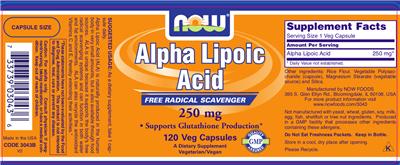 Photo of the NOW Alpha Lipoic Acid 250 mg label