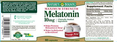 Photo of the Nature's Bounty Maximum Strength Melatonin 10 mg label