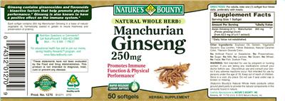 Photo of the Nature's Bounty Manchurian Ginseng 250 mg label