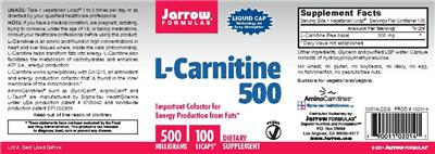 Photo of the Jarrow Formulas L-Carnitine 500 mg label
