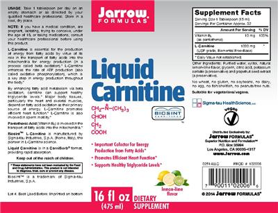 Photo of the Jarrow Formulas Liquid Carnitine Lemon-Lime Flavor label