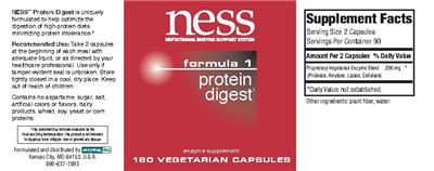 Photo of the NESS Nutritional Enzyme Support System Formula 1 Protein Digest label