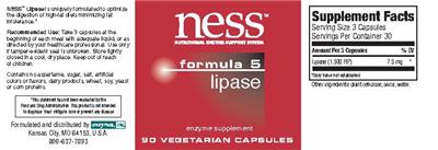 Photo of the NESS Nutritional Enzyme Support System Formula 5 Lipase label