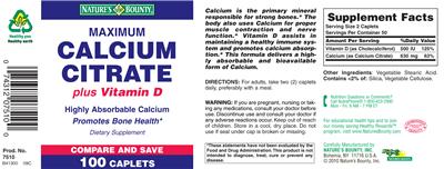 Photo of the Nature's Bounty Maximum Calcium Citrate plus Vitamin D label
