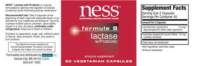 Photo of the NESS Nutritional Enzyme Support System Formula 8 Lactase w/Probiotic label