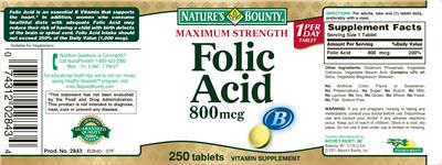 Photo of the Nature's Bounty Maximum Strength Folic Acid 800 mcg label