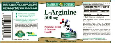 Photo of the Nature's Bounty L-Arginine 500 mg label