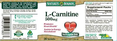 Photo of the Nature's Bounty L-Carnitine 500 mg label