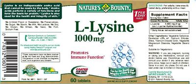 Photo of the Nature's Bounty L-Lysine 1000 mg label