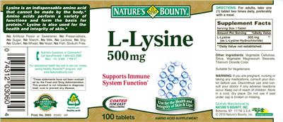 Photo of the Nature's Bounty L-Lysine 500 mg label