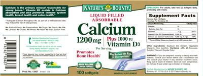 Photo of the Nature's Bounty Liquid Filled Absorbable Calcium 1200 mg Plus 1000 IU Vitamin D3 label