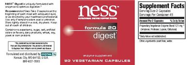 Photo of the NESS Nutritional Enzyme Support System Formula 20 Digest label