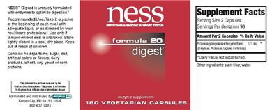 Photo of the NESS Nutritional Enzyme Support System Formula 20 Digest label