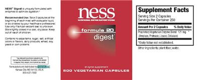 Photo of the NESS Nutritional Enzyme Support System Formula 20 Digest label