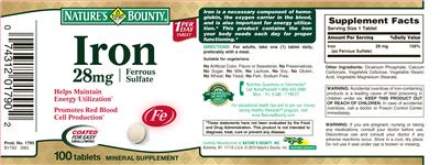 Photo of the Nature's Bounty Iron 28 mg Ferrous Sulfate label