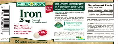 Photo of the Nature's Bounty Iron 28 mg (246 mg Of Ferrous Gluconate) label