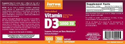 Photo of the Jarrow Formulas Vitamin D3 1000 IU label