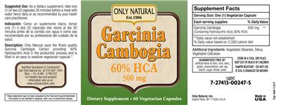 Photo of the Only Natural Garcinia Cambogia 500 mg label