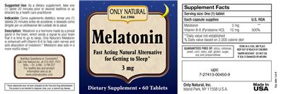 Photo of the Only Natural Melatonin 3 mg label