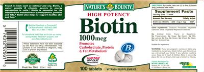 Photo of the Nature's Bounty High Potency Biotin 1000 mcg label