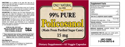 Photo of the Only Natural 99% Pure Policosanol 15 mg label