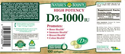 Photo of the Nature's Bounty High Potency D3-1000 IU label