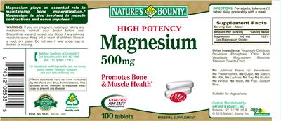 Photo of the Nature's Bounty High Potency Magnesium 500 mg label
