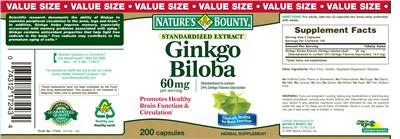 Photo of the Nature's Bounty Ginkgo Biloba 60 mg label