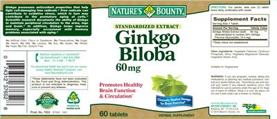 Photo of the Nature's Bounty Standarized Extract Ginkgo Biloba 60 mg label