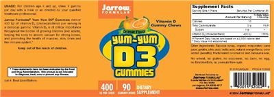 Photo of the Jarrow Formulas Yum-Yum D3 Gummies Orange Flavor label