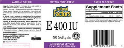 Photo of the Natural Factors E 400 IU label