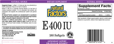 Photo of the Natural Factors E 400 IU label