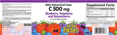 Photo of the Natural Factors C 500 mg Blueberry, Raspberry And Boysenberry label