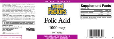 Photo of the Natural Factors Folic Acid 1000 mcg label