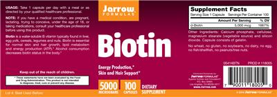 Photo of the Jarrow Formulas Biotin 5000 mcg label