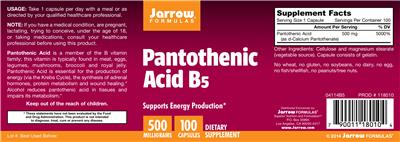 Photo of the Jarrow Formulas Pantothenic Acid B5 500 mg label