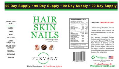 Photo of the Purvana Hair Skin Nails 2500 mcg Biotin label