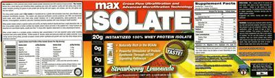 Photo of the MM Sports Nutrition Max Isolate Strawberry Lemonade label