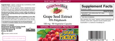 Photo of the Natural Factors GrapeSeedRich Grape Seed Extract 95% Polyphenols 100 mg label