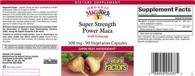 Photo of the Natural Factors Organic MacaRich Super Strength Power Maca With Ginseng 500 mg label