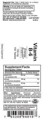 Photo of the Indiana Botanic Gardens Vitamin B-6 label