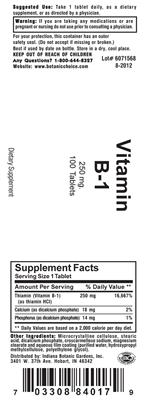 Photo of the Indiana Botanic Gardens Vitamin B-1 label